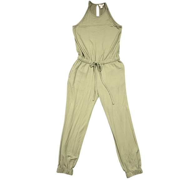 LOFT Outlet Lounge Jumpsuit Drawstring Waist Pockets Olive Green - Picture 1 of 8